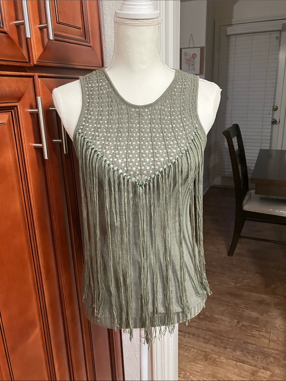 bebe Boho Olive Crochet Fringe Tank Top